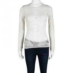 Dior Cream Embroidered Mesh Long Sleeve Sheer Top S