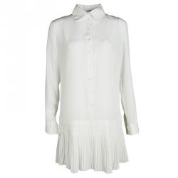 Pre Owned Dior Off White Silk Pleated Bottom Long Sleeve Shirt Dress S