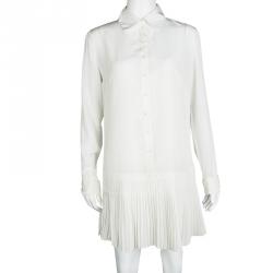 Pre Owned Dior Off White Silk Pleated Bottom Long Sleeve Shirt Dress S