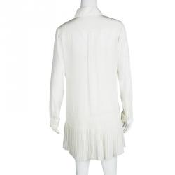Pre Owned Dior Off White Silk Pleated Bottom Long Sleeve Shirt Dress S