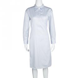 Dior SS'14 Blue Striped Cotton Button Detail Long Sleeve Shirt Dress M