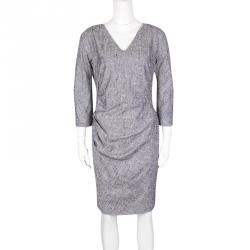 Pre Owned Dior Navy Blue Textured Silk Ruched V-Neck Dress M