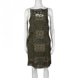 Dior Olive Green Embroidered Silk Paneled Sleeveless Dress M