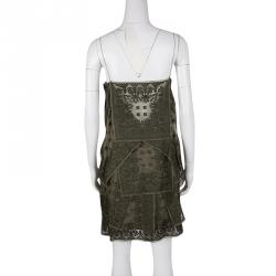 Dior Olive Green Embroidered Silk Paneled Sleeveless Dress M
