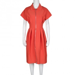 Pre Owned Dior Orange Pleat Detail Zip Front  Dress M