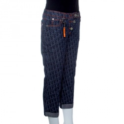 Pre Owned بنطلون ديور فلايت لاين دينيم أزرق داكن مطبوع بالشعار ثلاث أربع S