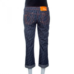 Pre Owned بنطلون ديور فلايت لاين دينيم أزرق داكن مطبوع بالشعار ثلاث أربع S