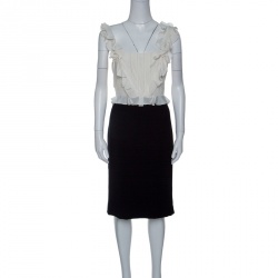 Pre Owned Dior Monochrome Lace Insert Ruffle Detail Silk Wool Dress L