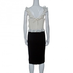 Pre Owned Dior Monochrome Lace Insert Ruffle Detail Silk Wool Dress L
