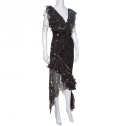 Pre Owned Dior Navy Blue Lurex Detail Ruffled Dotted Asymmetric Dress S