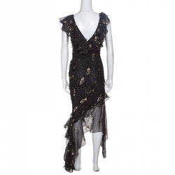 Pre Owned Dior Navy Blue Lurex Detail Ruffled Dotted Asymmetric Dress S