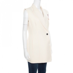 Pre Owned Dior Cream Silk and Wool Applique Detail Sleeveless Coat L