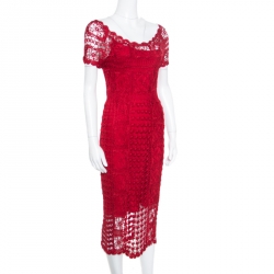 Christian Dior Red Crochet Knit Silk Lined Scalloped Midi Dress M