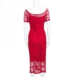 Christian Dior Red Crochet Knit Silk Lined Scalloped Midi Dress M