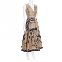 Pre Owned Dior Brown Jute Textured Horse Face Embroidered Frayed Hem Midi Dress S