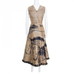Pre Owned Dior Brown Jute Textured Horse Face Embroidered Frayed Hem Midi Dress S