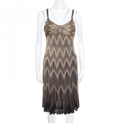 Pre Owned Christian Dior Gold Lurex Chevron Patterned Knit Noodle Strap Ombre Dress M