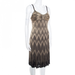 Pre Owned Christian Dior Gold Lurex Chevron Patterned Knit Noodle Strap Ombre Dress M