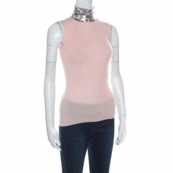 Christian Dior Rose Pink Silk Wool Sequin Paillette Embellished Collar Sleeveless Top S
