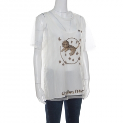 Dior Off White Metallic Le Lion Embroidered Mesh Layered Top L