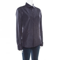 Dior Navy Blue Coated Silk Logo Embroidered Button Down Shirt  M