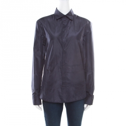 Dior Navy Blue Coated Silk Logo Embroidered Button Down Shirt  M