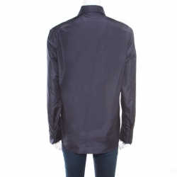 Dior Navy Blue Coated Silk Logo Embroidered Button Down Shirt  M