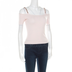 Dior Blush Pink Wool Embellished Strap Detail Cold Shoulder Crop Top S