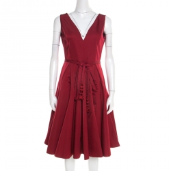 Dior Red Wool and Silk V Neck Tassel Belt Detail Sleeveless Flared Dress M
