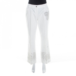 White Cotton Paisley Sequin Embroidered Flared Jeans