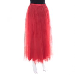 Christian Dior Red Tulle Overlay Gathered Midi Skirt M