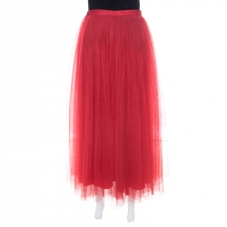Christian Dior Red Tulle Overlay Gathered Midi Skirt M