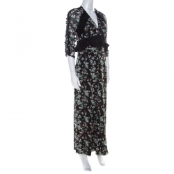 Pre Owned Dior Black Floral Print Silk Ruffle Detail Dress S