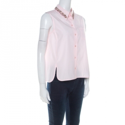 Christian Dior Pink Cotton Crystal Embellished Collar Sleeveless Shirt S