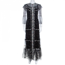 Christian Dior Black Embroidered Tulle Tiered Maxi Dress M