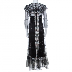 Christian Dior Black Embroidered Tulle Tiered Maxi Dress M