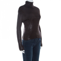 Pre Owned Dior Brown Ribbed Leather Sequin Detail Turtleneck Top L