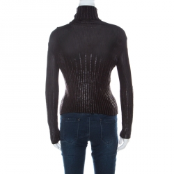 Pre Owned Dior Brown Ribbed Leather Sequin Detail Turtleneck Top L