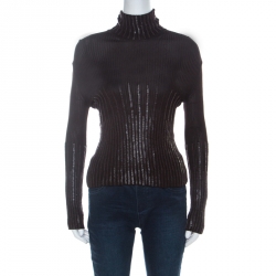 Pre Owned Dior Brown Ribbed Leather Sequin Detail Turtleneck Top L