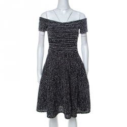Christian Dior Monochrome Tweed Off Shoulder Fit and Flare Dress S