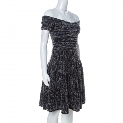 Christian Dior Monochrome Tweed Off Shoulder Fit and Flare Dress S