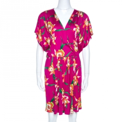 Fuschia Floral Printed Silk Mini Dress