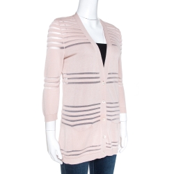 Dior Pale Pink Striped Silk Blend Button Front Cardigan L
