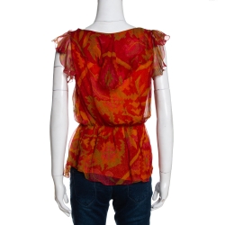 Pre Owned Christian Dior Boutique Orange Abstract Printed Chiffon Ruffled Top S