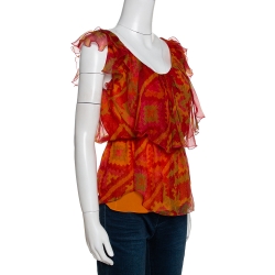 Pre Owned Christian Dior Boutique Orange Abstract Printed Chiffon Ruffled Top S