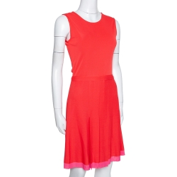 Pre Owned Dior Red Knit Pleat Detail Belted Sleeveless Dress M
