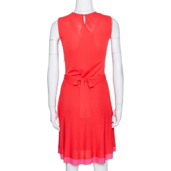 Pre Owned Dior Red Knit Pleat Detail Belted Sleeveless Dress M