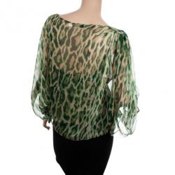 Christian Dior Green Leopard Printed Chiffon Top L