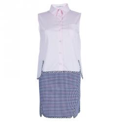 Dior Pink Shirt and Jaquard Skirt Matched Piping Detail Set S