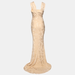 Dior Beige Floral Jacquard Silk Sleeveless Maxi Dress M